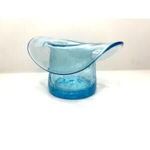 Aqua Blue Crackle Hand Blown Glass Top Hat Unmarked Pontil Mark
